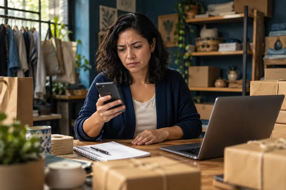 Emprendedora revisando un mensaje en su teléfono en su taller de ventas online