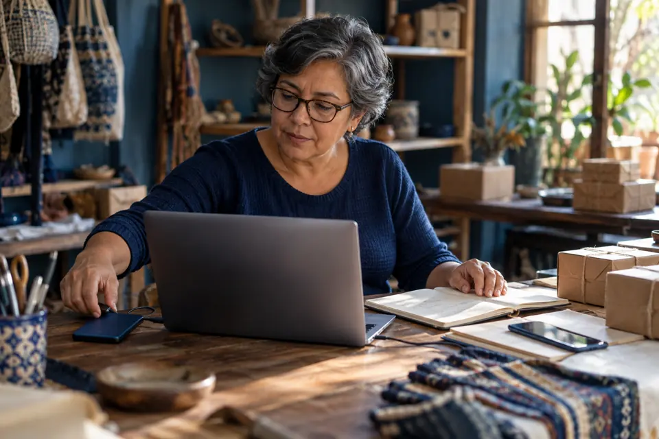 Emprendedora organizando sus pedidos y conectando una unidad de respaldo a su computadora